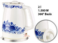 Rosenstein & Söhne Keramik-Wasserkocher WSK-280.rtr mit blauem Blumen-Motiv, 2 l, 1.500 W